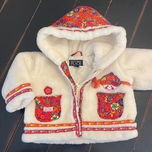 Cute Hooded Snap&ZipUp Quilted Fur Jacket wBabyDoll Face Orange Pink Floral